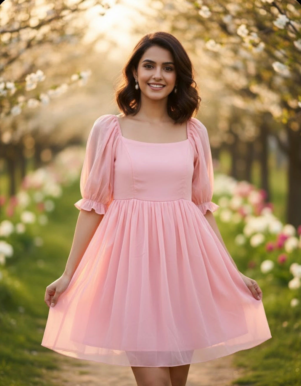 Women Gathered Pink Above Knee/Mid Thigh Length Dress
